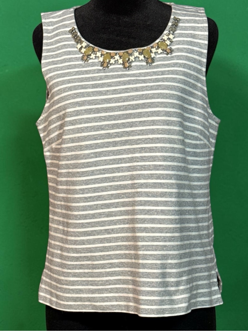 J. Crew Gray/White Striped Jewel Neck Tank- Size M